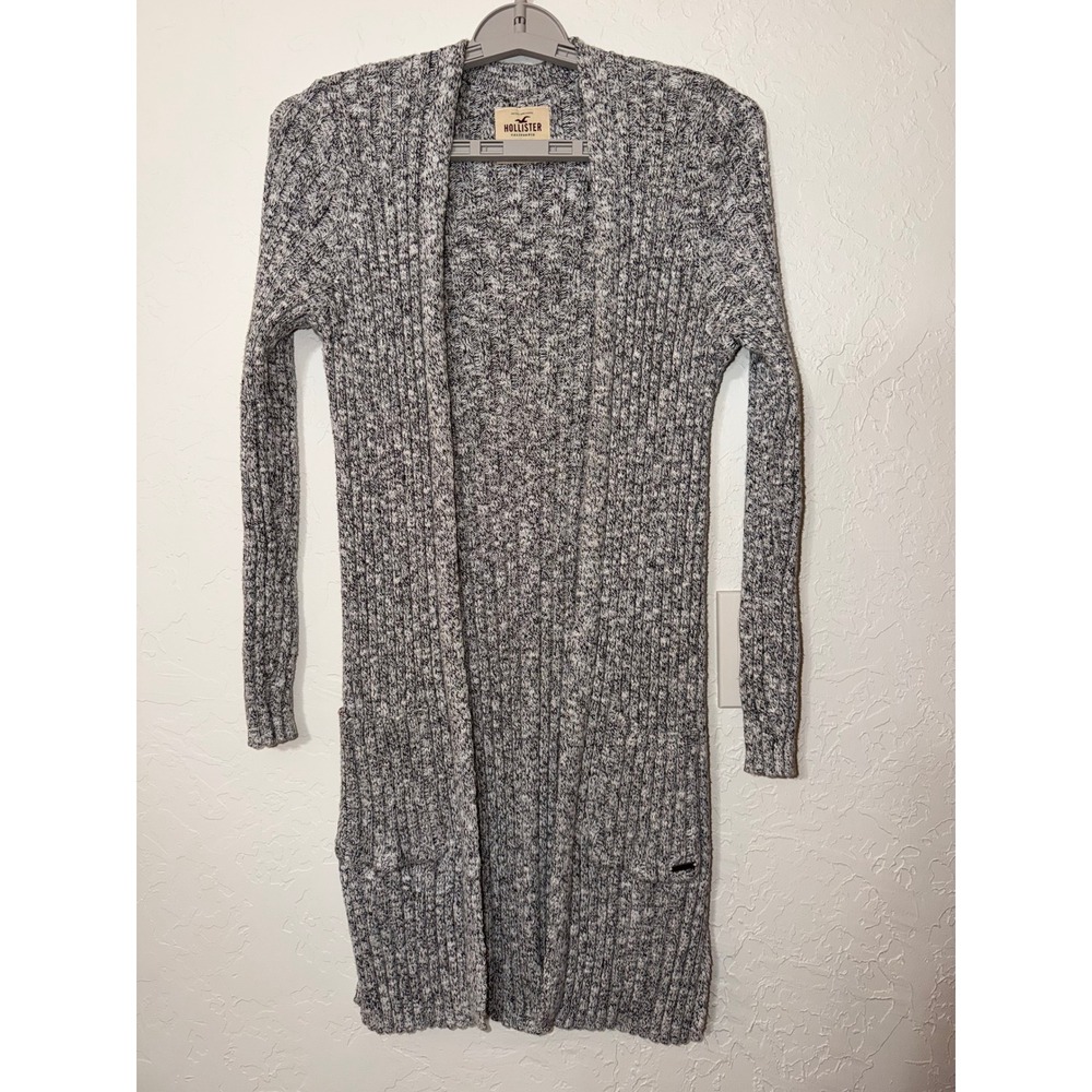Hollister Marled Gray Cardigan Small Ribbed Knit Long Duster Open Front Pockets